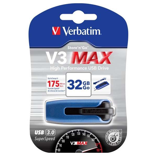 Verbatim USB flash disk, USB 3.0, 32GB, V3 MAX, Store N Go, modrý, 49806, USB A, s výsuvným konektorom
