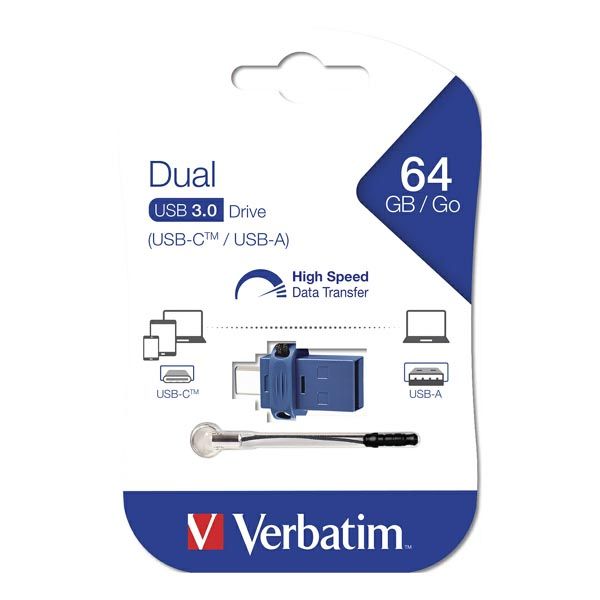 Verbatim USB flash disk OTG, USB 3.0, 64GB, Dual, modrý, 49967, USB A / USB C, s pútkom