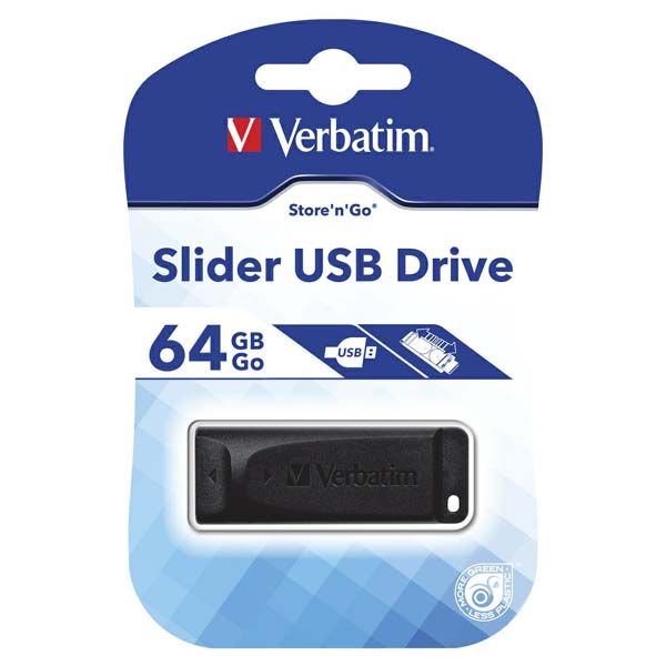 USB kľúč, 64GB, USB 2.0, VERBATIM "Slider", čierny