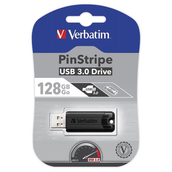 Verbatim USB flash disk, USB 3.0, 128GB, PinStripe, Store N Go, čierny, 49319, USB A, s výsuvným konektorom