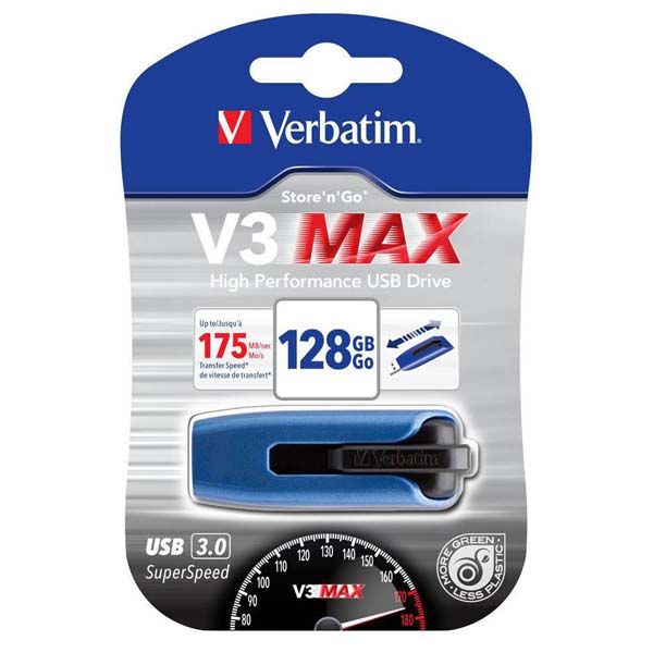 Verbatim USB flash disk, USB 3.0, 128GB, V3 MAX, Store N Go, modrý, 49808, USB A, s výsuvným konektorom