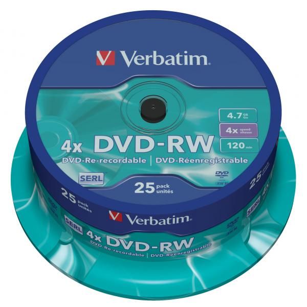 DVD-RW disk prepisovateľný, 4,7GB, 4x, 25 ks, cake box, VERBATIM, 25ks