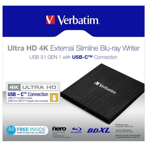 Blu-ray napaľovačka, (externá), 4K Ultra HD, USB 3.1 GEN 1 USB-C, VERBATIM "Slimline"