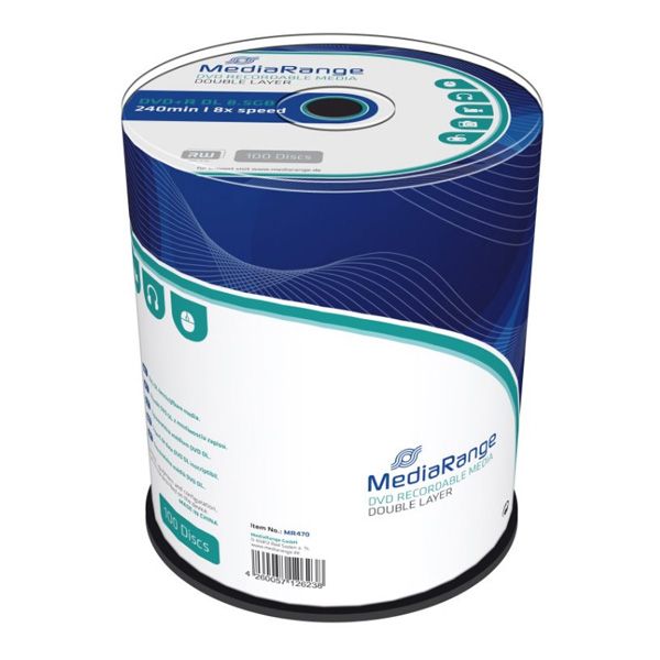 Mediarange DVD+R, MR470, 8.5GB, 8x, cake box, 100-pack, bez možnosti potlače, 12cm, Double Layer, pre archiváciu dát