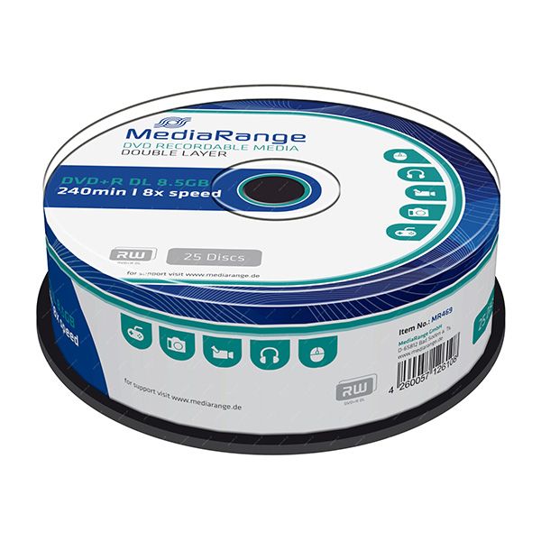 Mediarange DVD+R, MR469, 8.5GB, 8x, cake box, 25-pack, bez možnosti potlače, 12cm, Double Layer, pre archiváciu dát