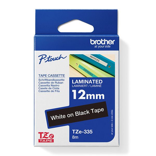 Páska do štítkovača Brother TZE-335, TZE335, 8m, 12mm, biela tlač / čierny podklad, originál