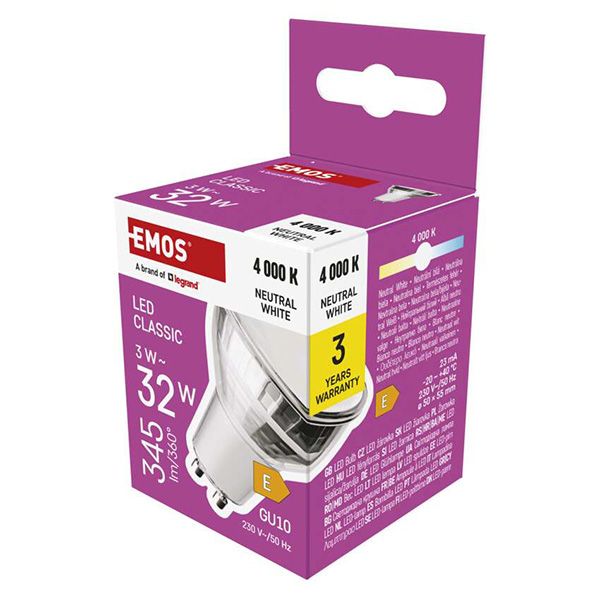 LED žiarovka EMOS Lighting GU10, 230V, 3W, 345lm, 4000k, neutrálna biela, 30000h, Classic MR16 50X50X55mm