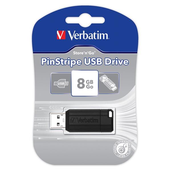USB kľúč, 8 GB, USB 2.0, 10/4MB/sec, VERBATIM "PinStripe", čierna