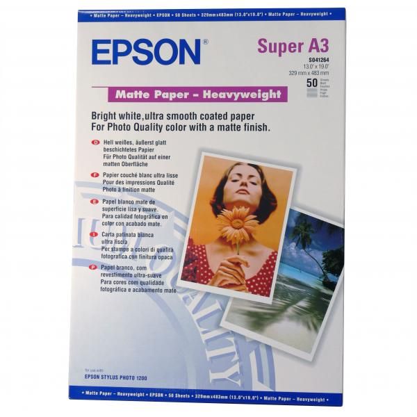 Epson Matte Paper Heavyweight, C13S041264, foto papier, matný, silný typ biely, Stylus Photo 1270, 1290, A3+, 167 g/m2, 50 ks, a