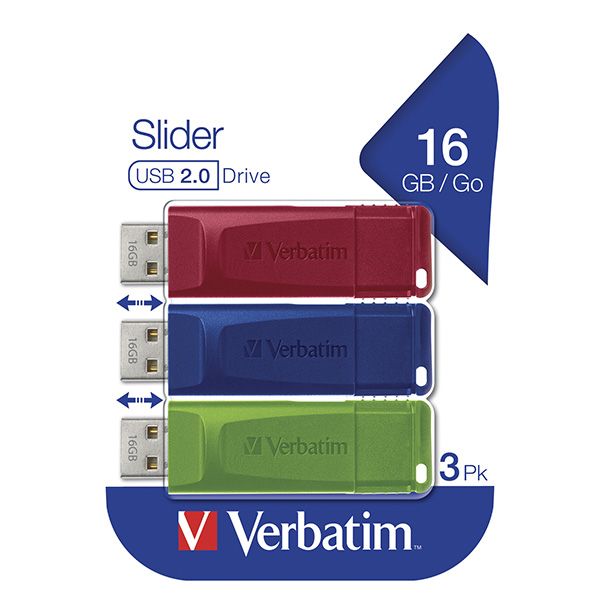 Verbatim USB flash disk, USB 2.0, 16GB, Slider, zelený, modrý, červený, 49326, USB A, s výsuvným konektorom, 3 ks