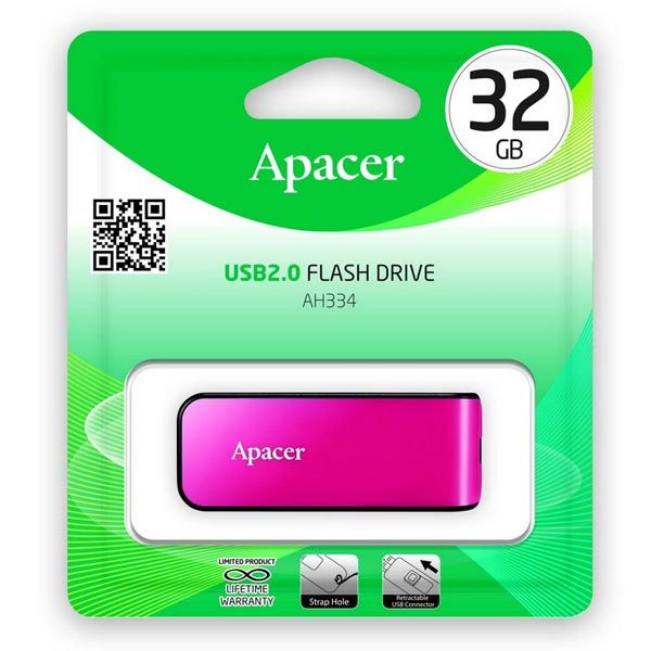Apacer USB flash disk, USB 2.0, 32GB, AH334, ružový, AP32GAH334P-1, USB A, s výsuvným konektorom, DOPREDAJ
