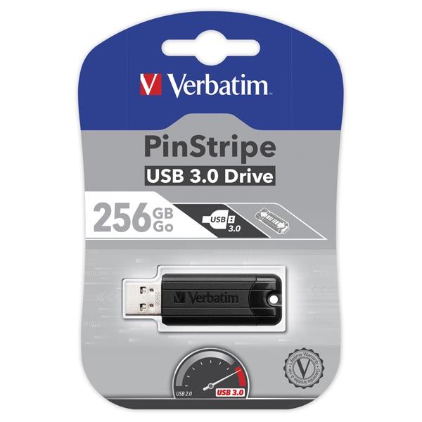 Verbatim USB flash disk, USB 3.0, 256GB, PinStripe, Store N Go, čierny, 49320, USB A, s výsuvným konektorom
