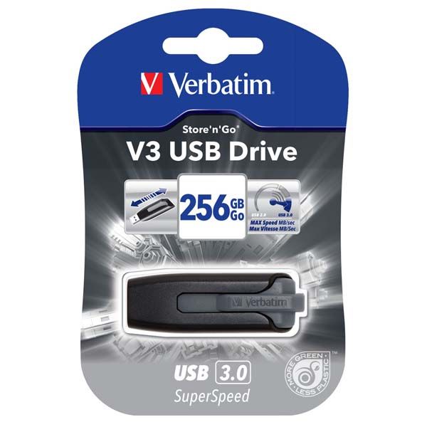 USB kľúč, 256GB, USB 3.2, 80/25 MB/sec, VERBATIM "V3", čierno-sivá
