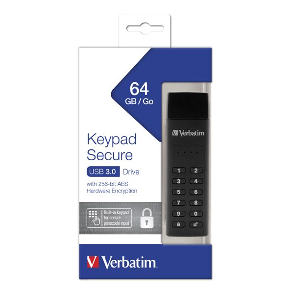 Verbatim USB flash disk, USB 3.0, 64GB, Keypad Secure, čierny, 49428, 256bitové hardwarové šifrovanie AES, LED indikátor konekto
