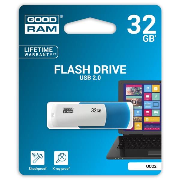 Goodram USB flash disk, USB 2.0, 32GB, UCO2, modrý, UCO2-0320MXR11, USB A, s otočnou krytkou, DOPREDAJ