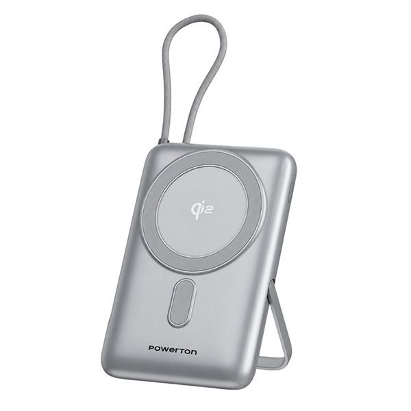 Powerton ENERGY MAGCORE bezdrôtová magnetická powerbanka 10000mAh, 1x USB-C, 22.5W, integrovaný kábel USB-C, Strieborná