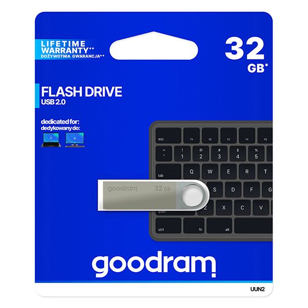 Goodram USB flash disk, USB 2.0, 32GB, UUN2, strieborný, UUN2-0320S0R11, USB A, s pútkom