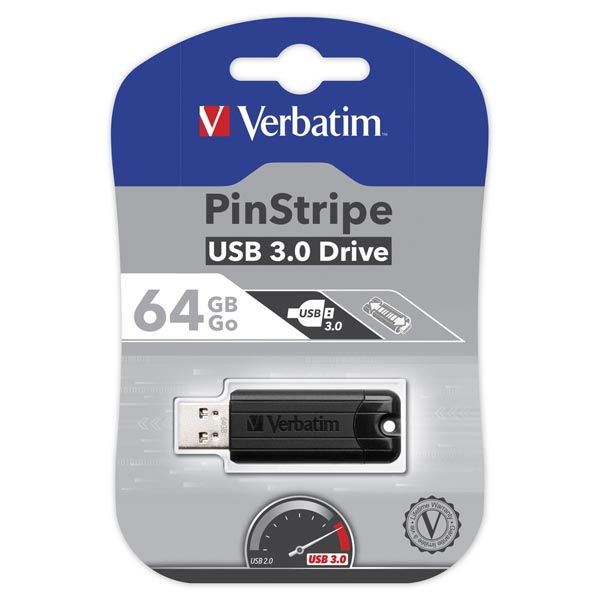 Verbatim USB flash disk, USB 3.0, 64GB, PinStripe, Store N Go, čierny, 49318, USB A, s výsuvným konektorom