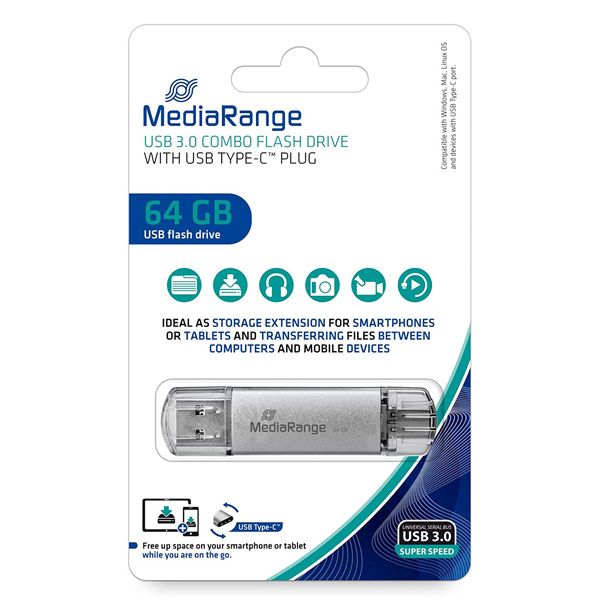 MediaRange USB flash disk, USB 3.0, 64GB, strieborný, MR937, USB A / USB C, s krytkou