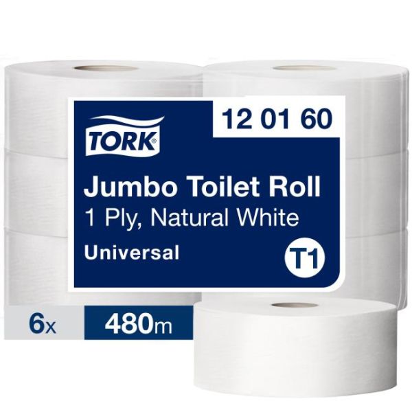 Toaletný papier, T1 systém, 1-vrstvový, priemer: 26 cm, Universal, TORK "Jumbo", biela, 6kotúč