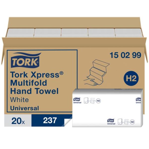 Utierky na ruky, Interfold ohyb, 2-vrstvové, H2 systém, Universal, TORK "Xpress® Multifold", biela, 20bal
