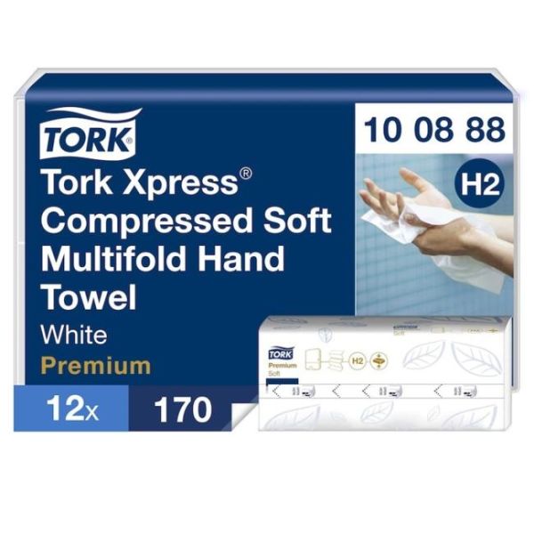 Papierové utierky, stlačené, Interfold, 2-vrstvové, 170 útržkov, H2 systém, Premium, TORK "Xpress Soft Multifold", biela, 12bal