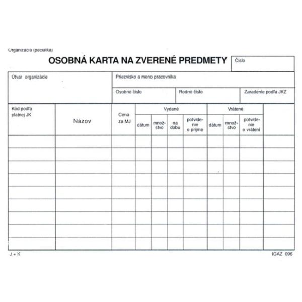 Osobná karta na zverené predmety A5 (96)