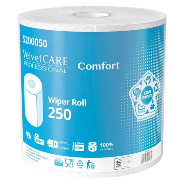 Papierové utierky v rolke 2 -vrstvové VELVET CARE 100% celulóza 250m (2ks) 