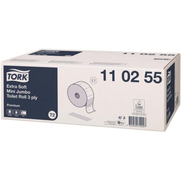 Toaletný papier, T2 systém, 3-vrstvový, priemer: 18,7 cm, Premium, TORK "Mini Jumbo", biela, 12kotúč