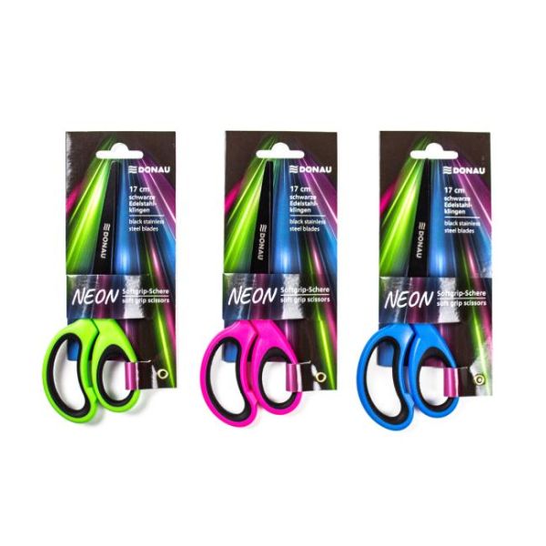 Nožnice s mäkkým úchopom DONAU NEON 17 cm, mix farieb, displej 6 ks 