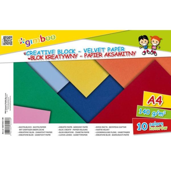 Kreatívny farebný blok GIMBOO A4, zamatový papier, lepený, 10 farieb, 140 GSM 