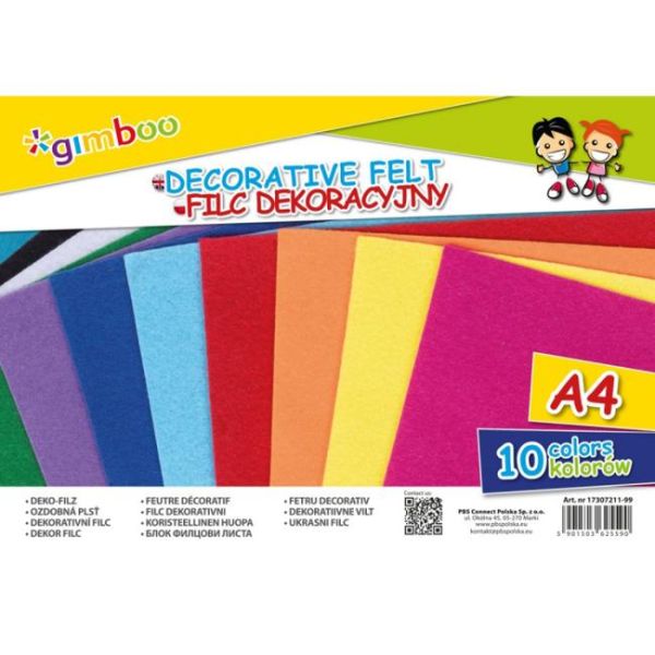 Dekoračná plsť GIMBOO, A4, vo fólii, 160 GSM, mix farieb 