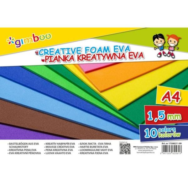 Kreatívna pena GIMBOO Eva, A4, vo fólii, 10 farieb, 1,5 mm 