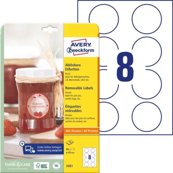 Etikety kruhové 65mm Avery 10 hárkov biele 