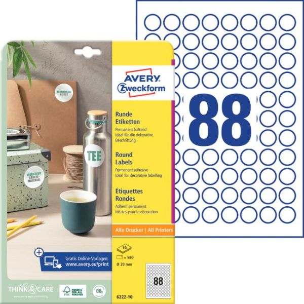 Etikety univerzálne kruhové 20mm Avery A4 10 hárkov 