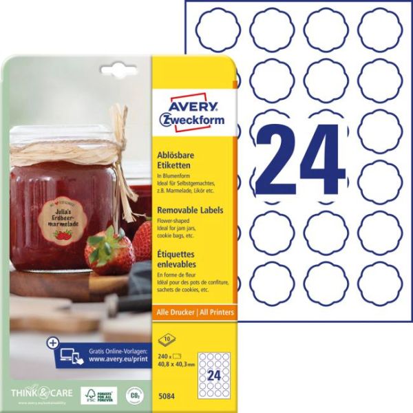 Etikety v tvare kvetu 40,8x40,3mm Avery 10 hárkov biele 