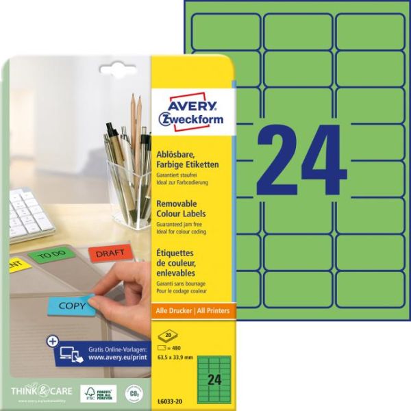 Etikety Avery odnímateľné 63,5x33,9 mm, zelené 