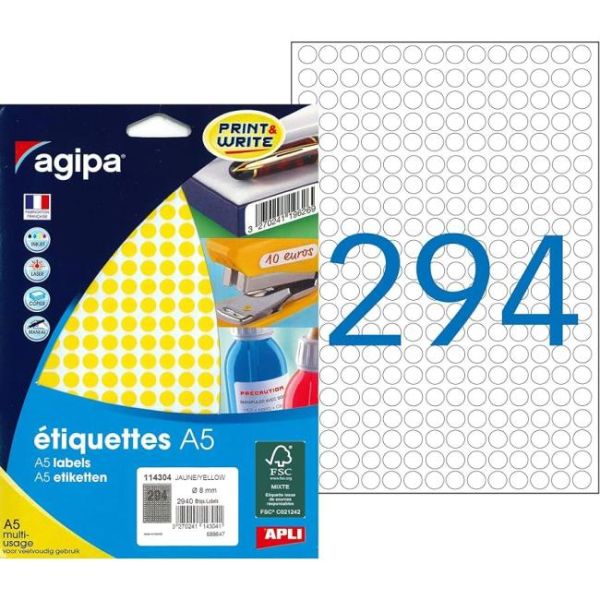 Etikety kruhové 8mm Agipa A5 žlté 