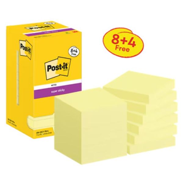 Silný samolepiaci bloček Post-it,76mm x 76mm, 90 lístkov v bločku, kanárikovo žltý,12 bločkov v balení 