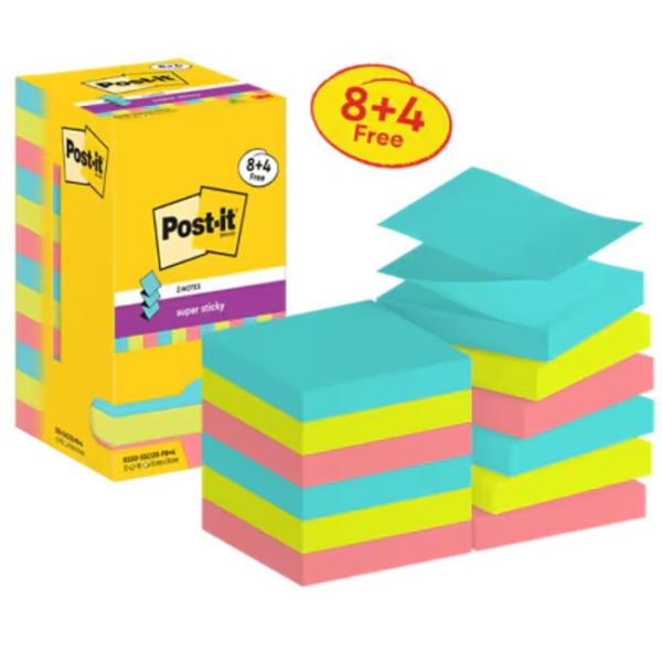 Silný samolepiaci Z-bloček Post-it,76 mm x 76 mm, 90 lístkov v bločku, Cosmic, 12 bločkov v balení 