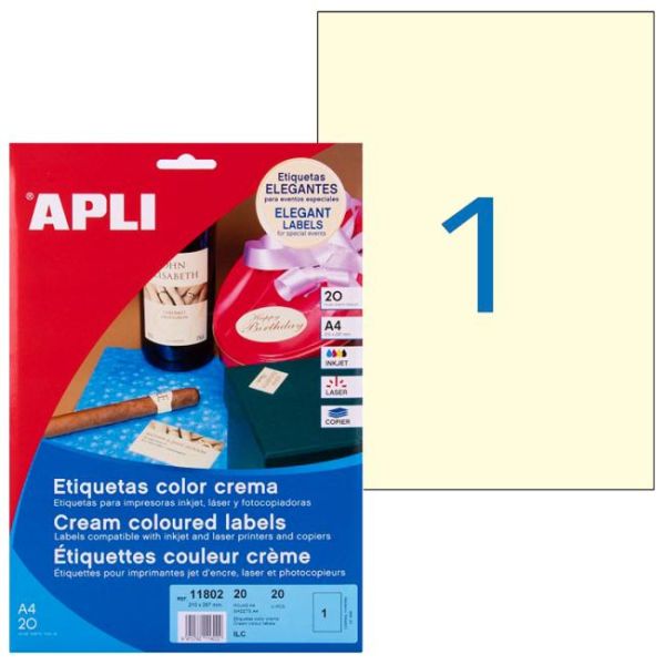 Etikety farebné 210x297mm APLI A4 20 hárkov krémové 
