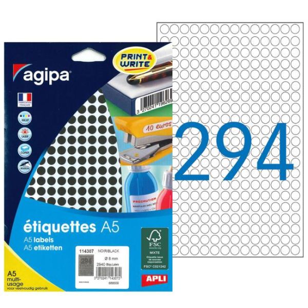 Etikety kruhové 8mm Agipa A5 čierne 
