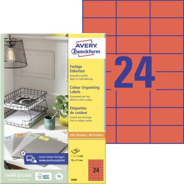 Etikety farebné 70x37mm Avery A4 100 hárkov červené 