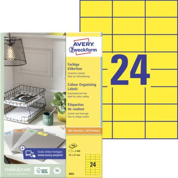 Etikety farebné 70x37mm Avery A4 100 hárkov žlté 