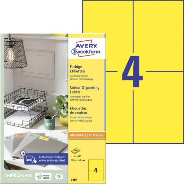 Etikety farebné 105x148mm Avery A4 100 hárkov žlté 