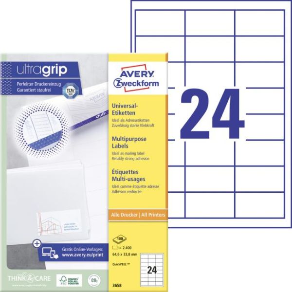 Etikety univerzálne 64,6x33,8mm Avery A4 100 hárkov 