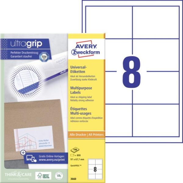 Etikety univerzálne 97x67,7mm Avery A4 100 hárkov 