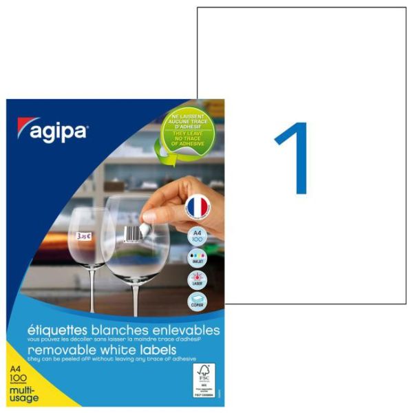 Etikety univerzálne odnímateľné 210x297mm Agipa A4 100 hárkov 
