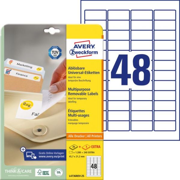 Etikety univerzálne odnímateľné 45,7x21,2mm Avery A4 25+5 hárkov 