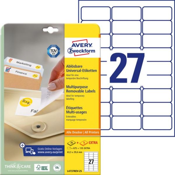 Etikety univerzálne odnímateľné 63,5x29,6mm Avery A4 25+5 hárkov 